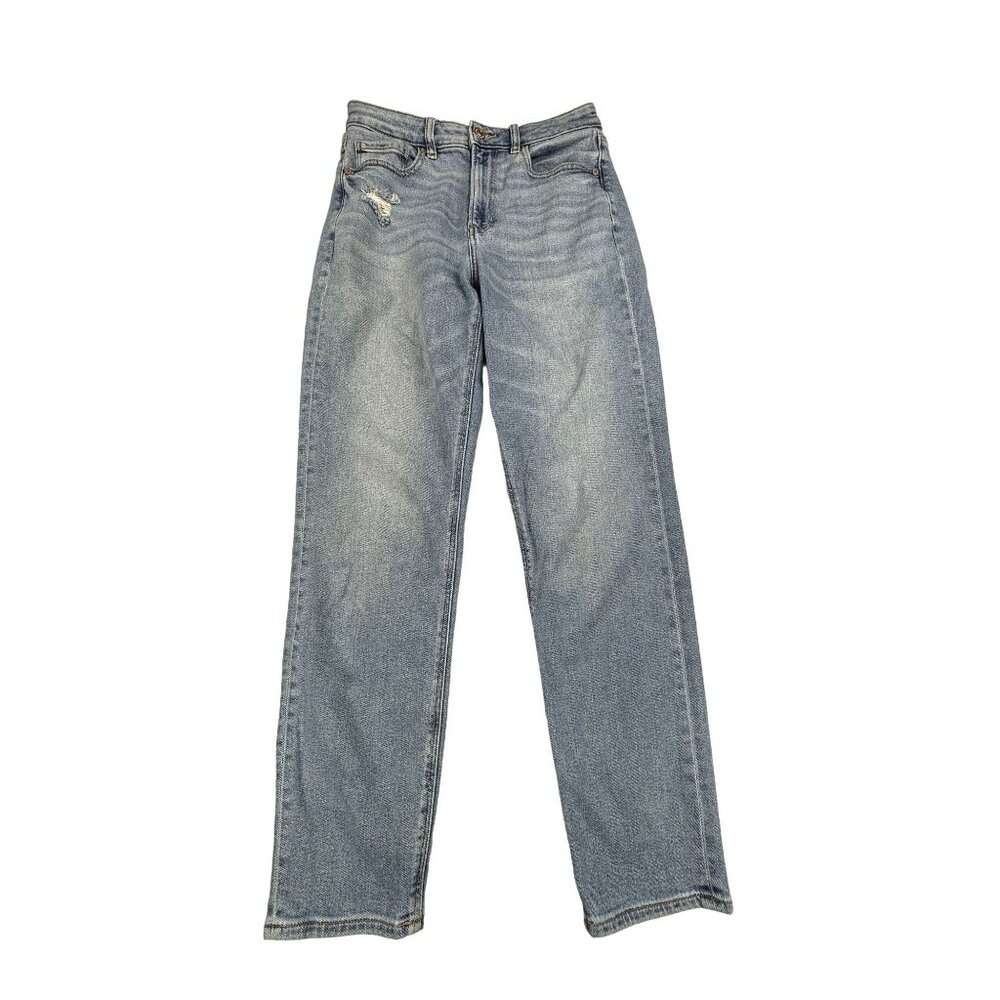 American Eagle Mom Jeans Women's 6 Long Light Wash Distressed Stretch Comfort